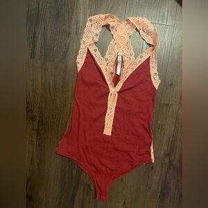 Free People Intimately Bodysuit | Berry Red with Pink lace| Size S
